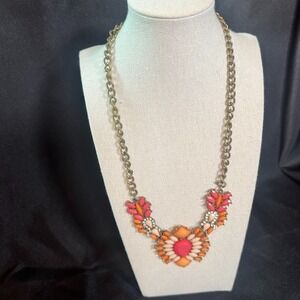 Bright Pink Orange Statement Bib Necklace Rhinestones Gold Tone Chunky Chain